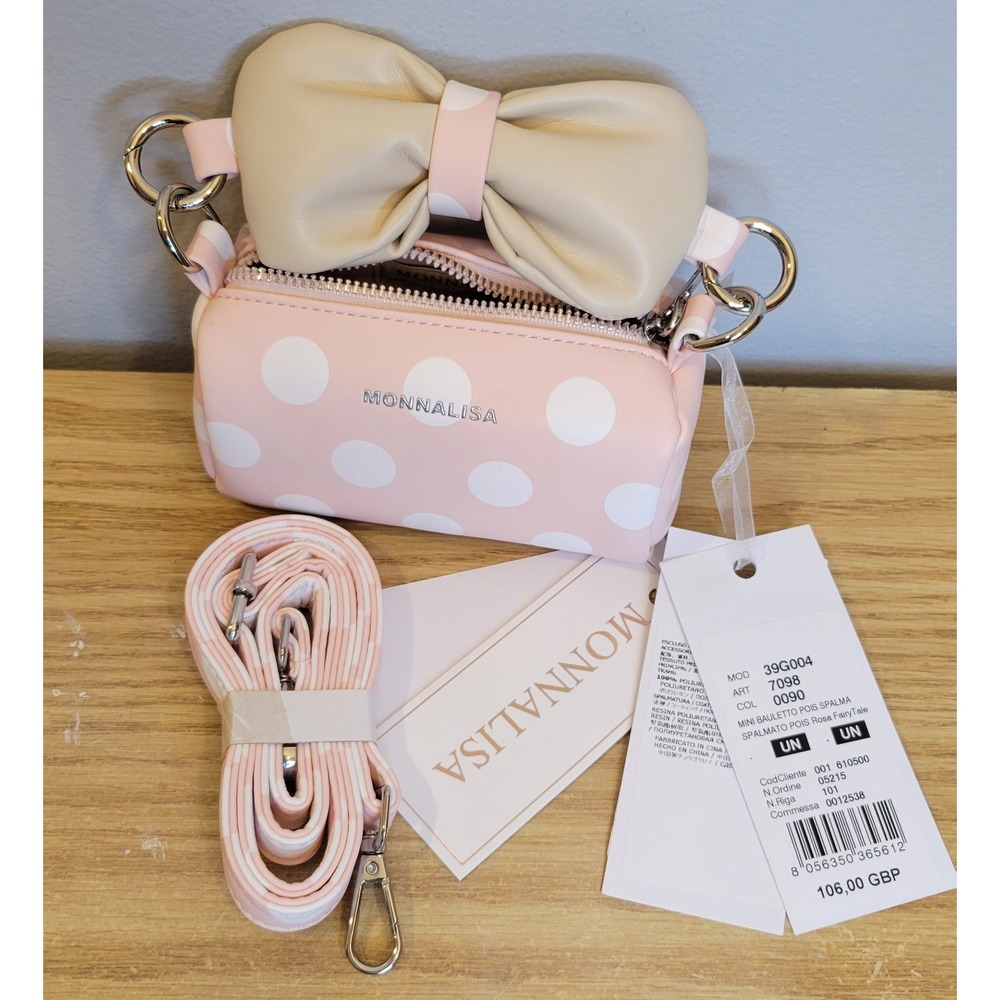 Monnalisa Rosa FairyTale Polka Dot Bow Mini Bauletto Trunk Crossbody Purse